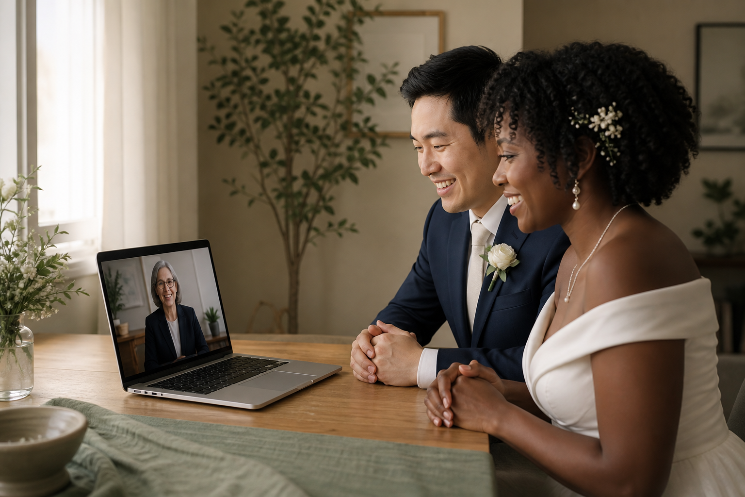 Couple attending an online wedding ceremony