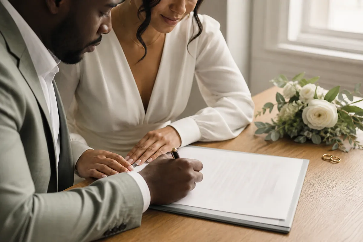 Couple reviewing and signing their marriage paperwork together