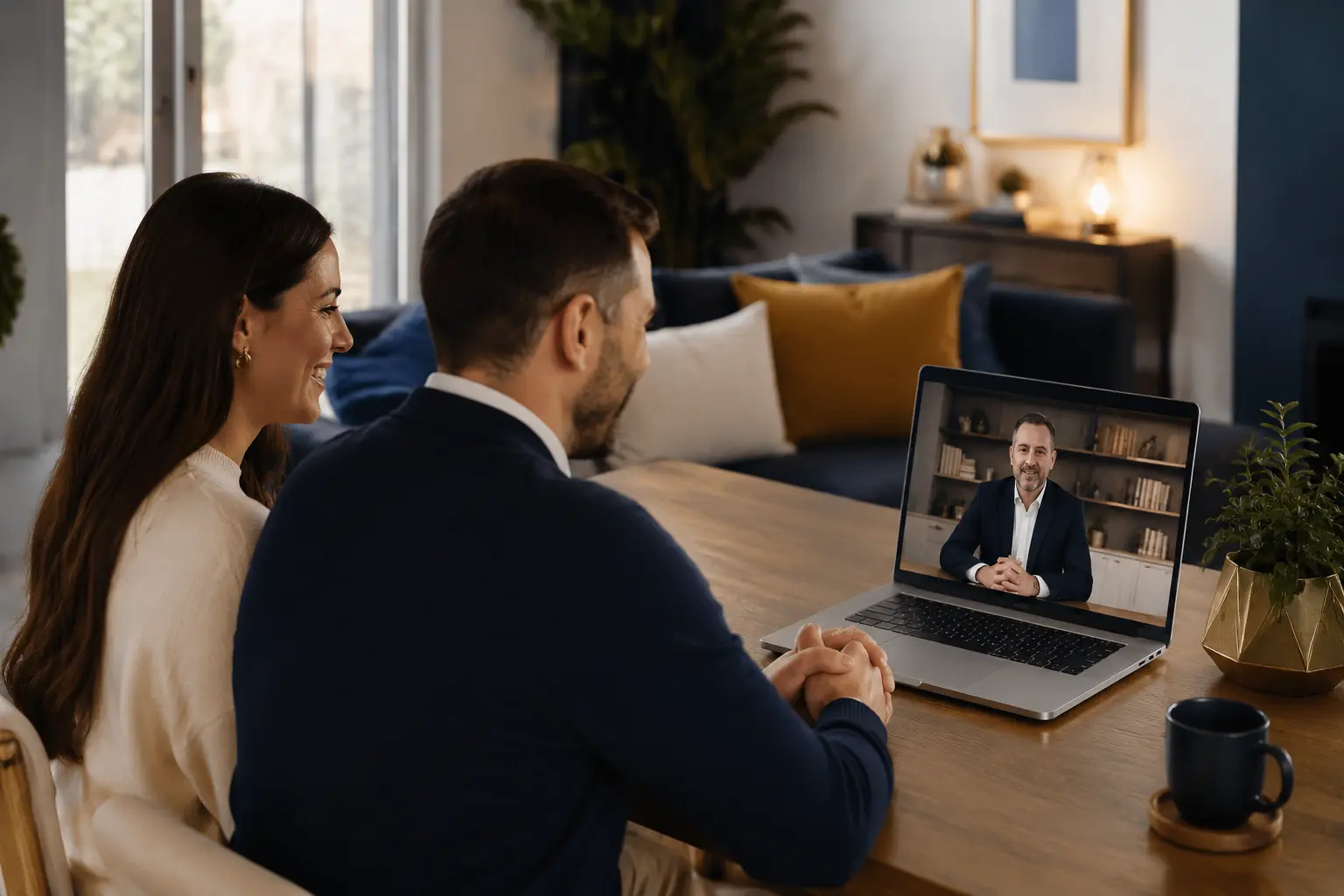 A couple joining their Utah officiant by live video from home