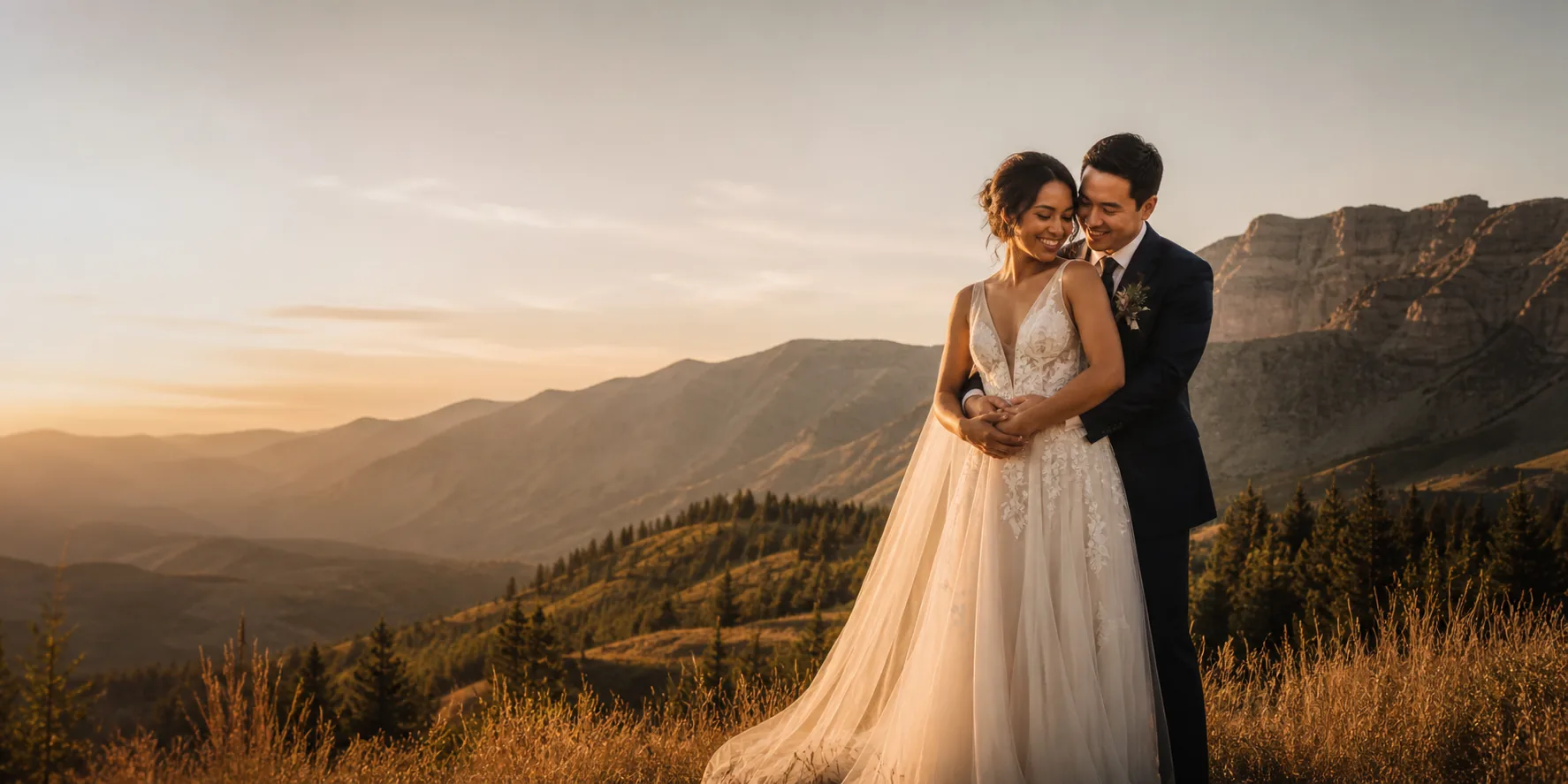 Newlywed couple embracing in the Utah mountains at golden hour